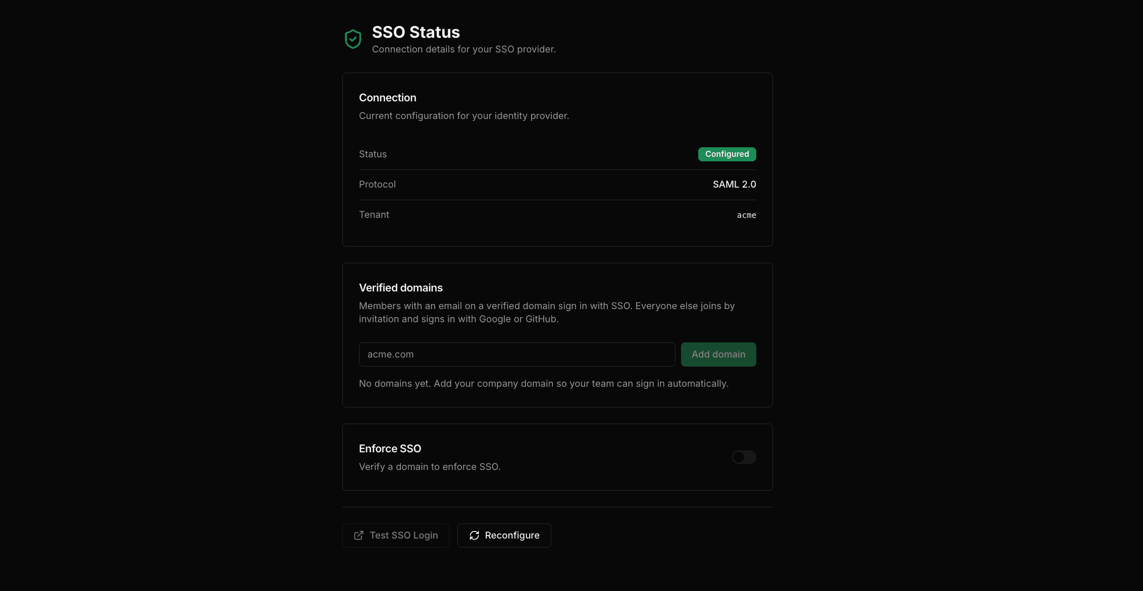 Add and verify your domain from the SSO status page