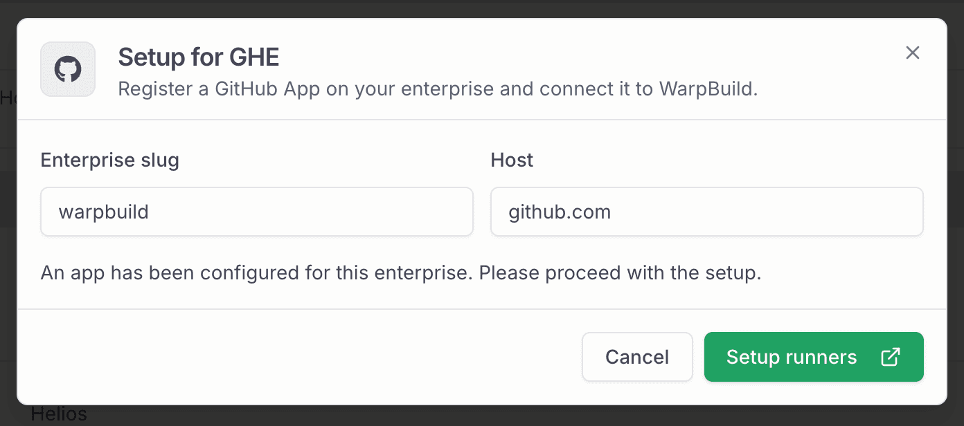 Existing app notice in the Setup for GHE dialog
