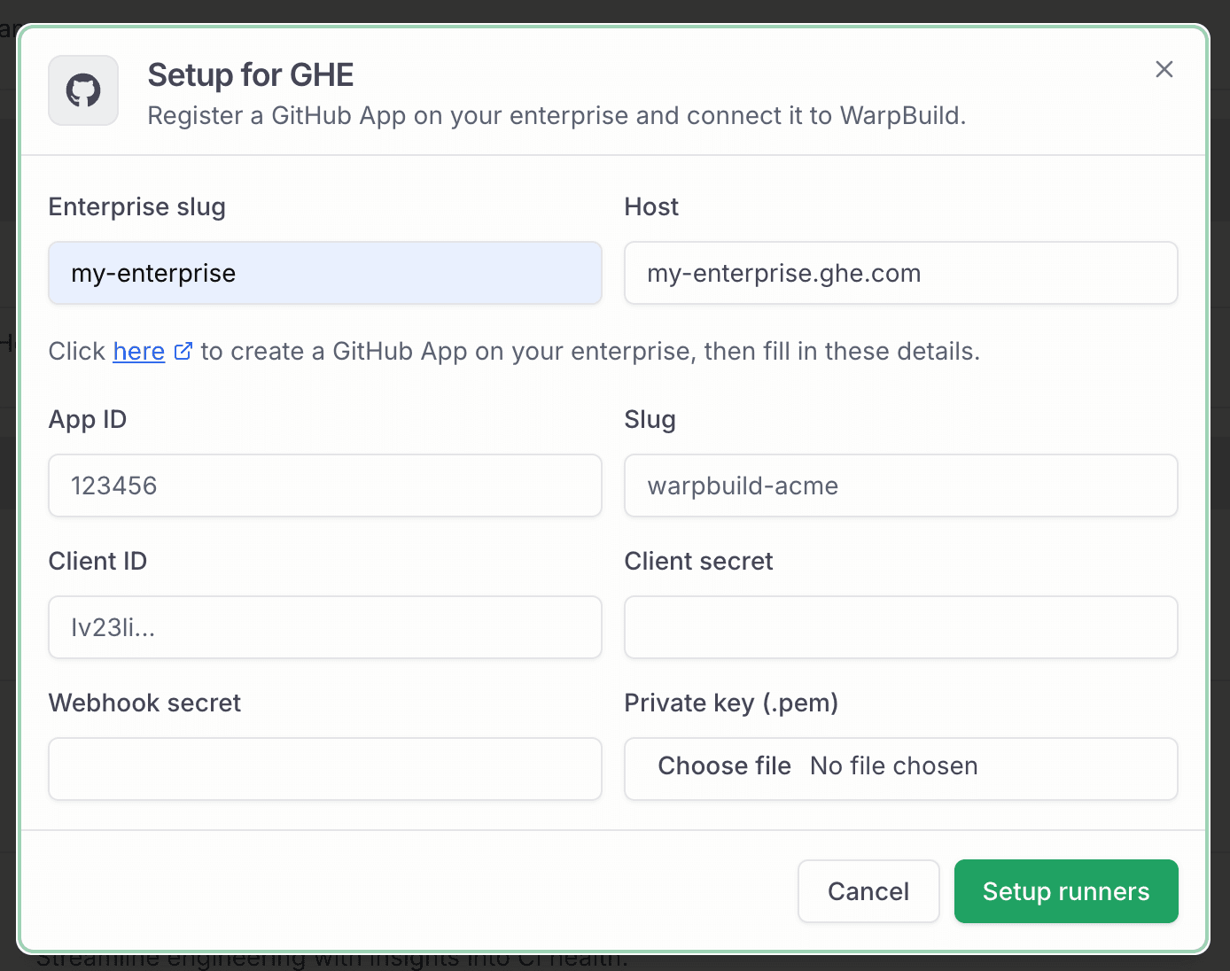 Setup for GHE dialog with credential fields expanded