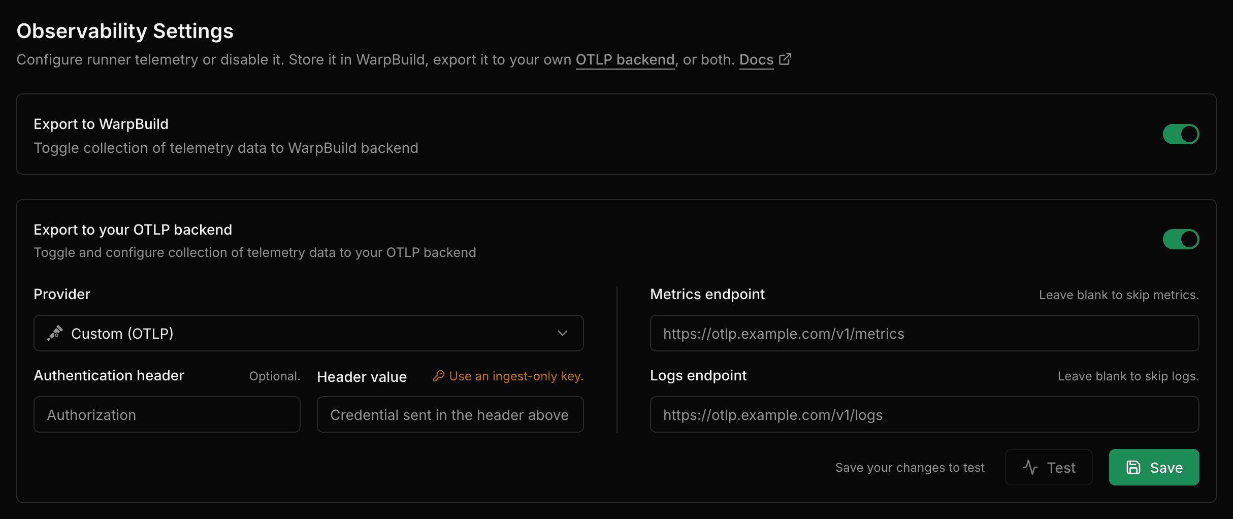 The export form, enabled and waiting for a provider