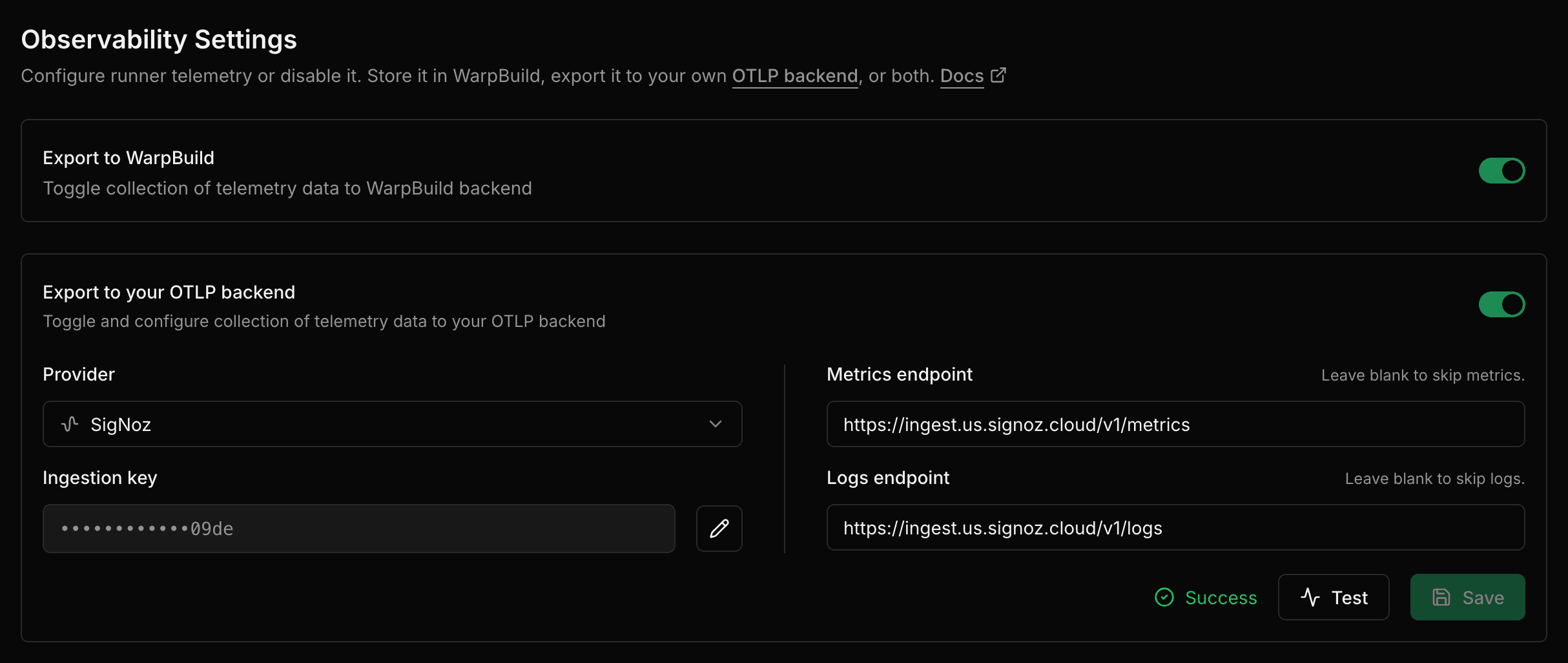 SigNoz configured, saved, and verified with a successful test