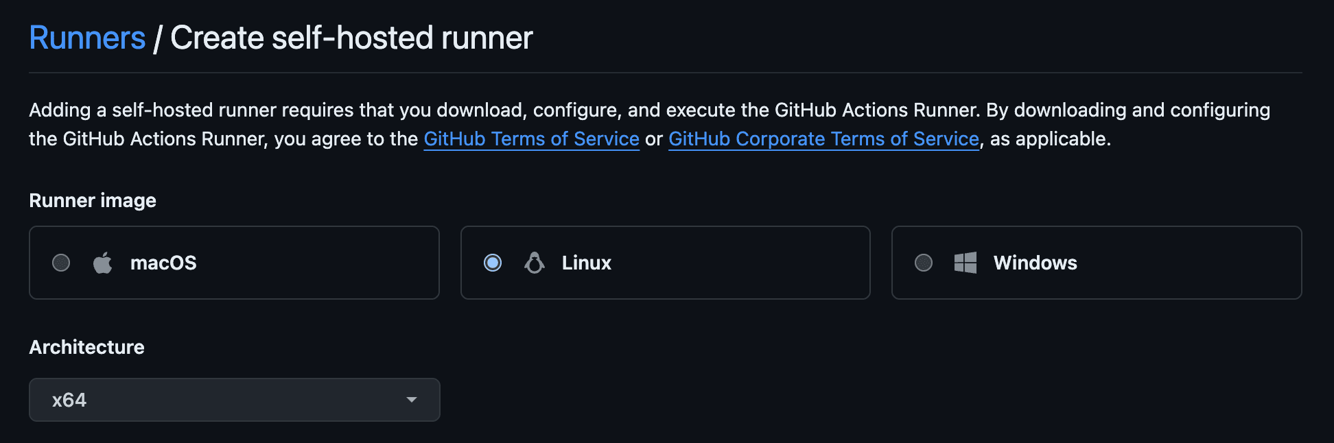 GitHub new runner configuration screenshot